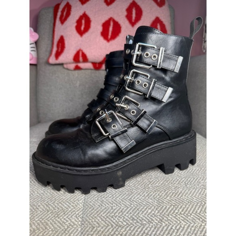 Lamoda Black Multi Buckle Chunky Platform Combat Boots Punk Goth Ankle Boots 7